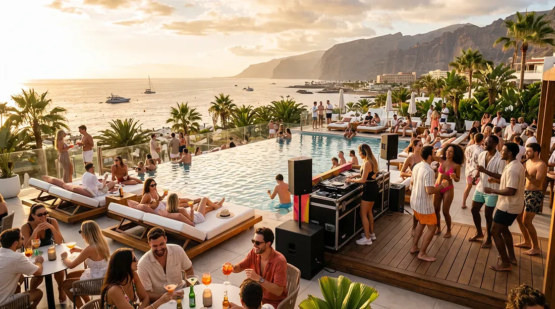 Beachfront pool party with DJ, guests swimming and socializing at sunset
