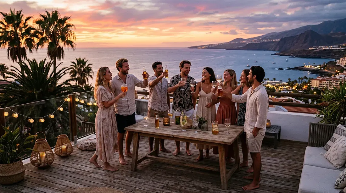 Group toasting with drinks on sunset terrace overlooking coastal bay