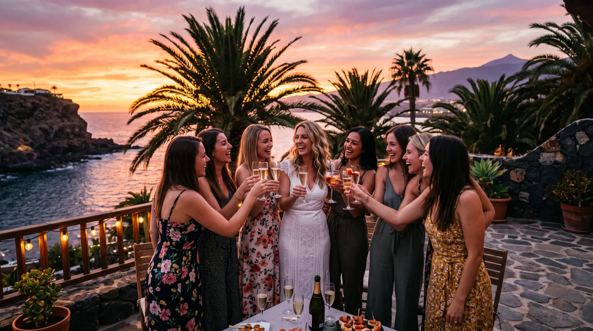 Group of women toasting with champagne at sunset overlooking ocean