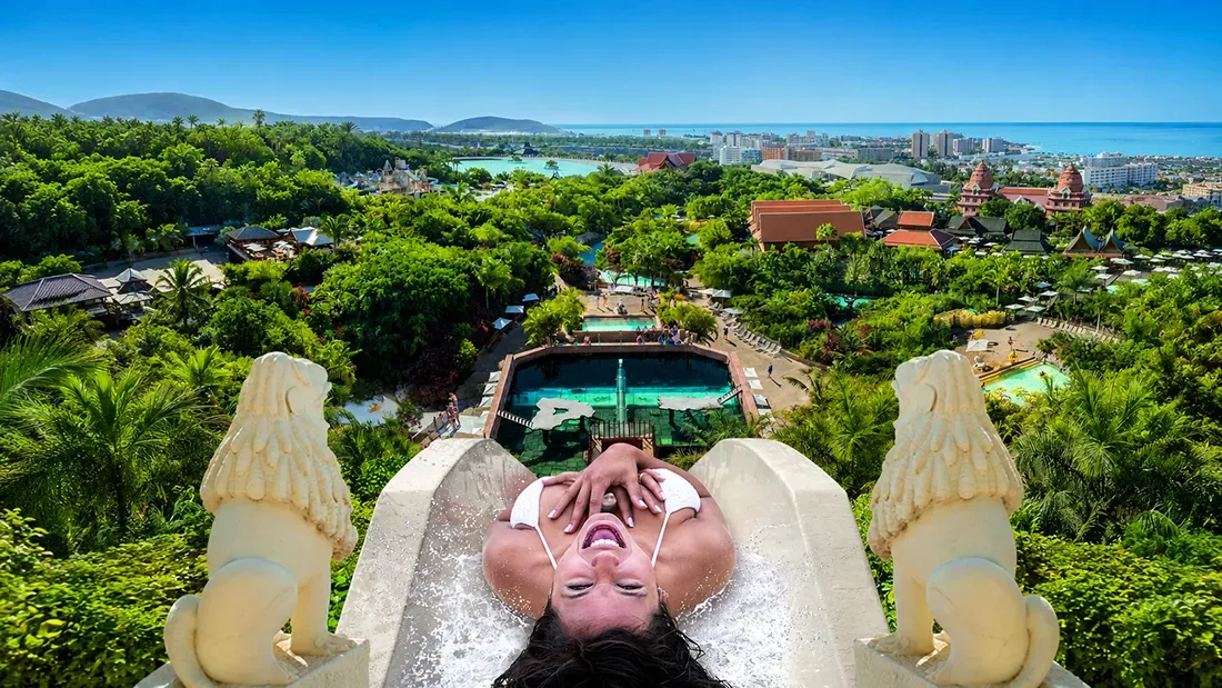 Person sliding down water slide at tropical resort with ocean view