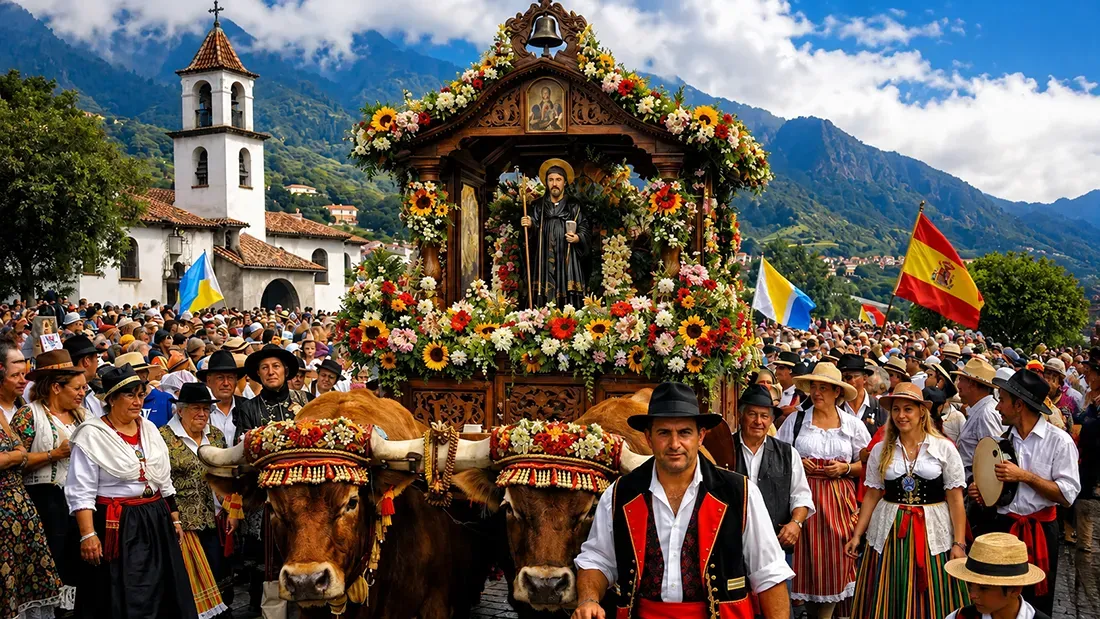 Traditional Alpine festival procession with decorated cattle and ornate shrine