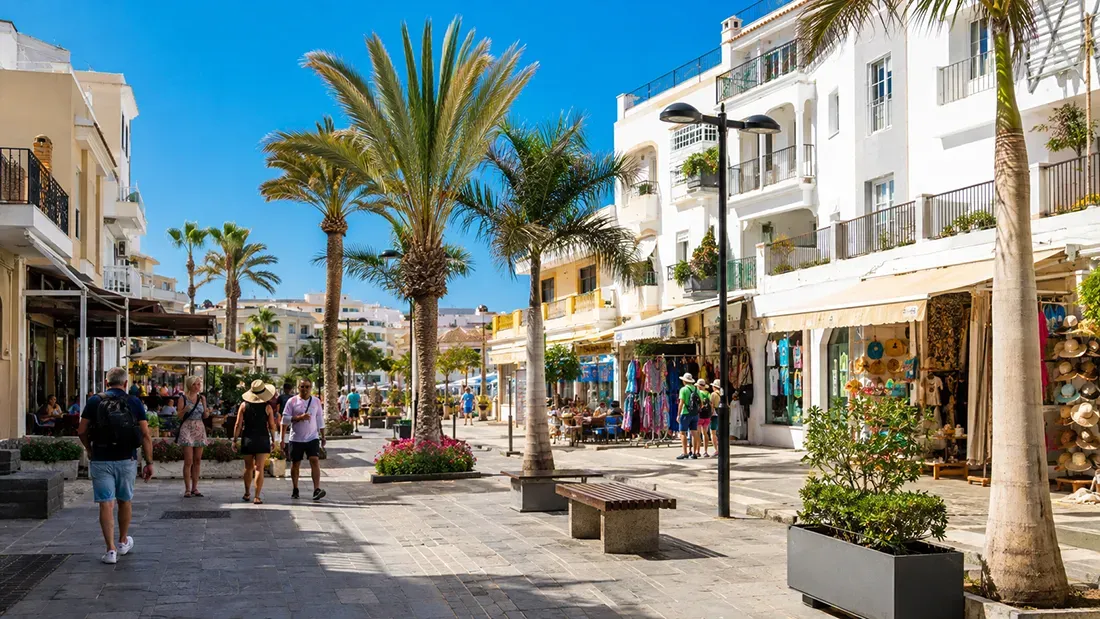 Pedestrian shopping street with palm trees and white buildings in Tenerife