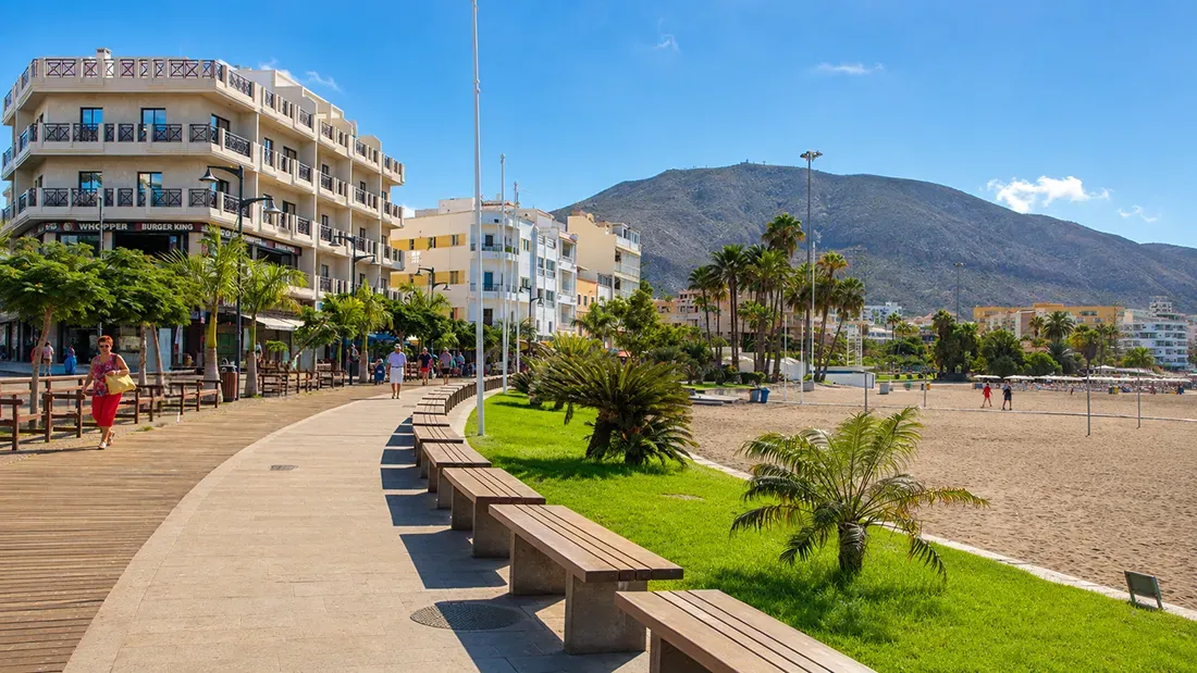Beachfront promenade with palm trees, benches, and sandy beach in Tenerife
