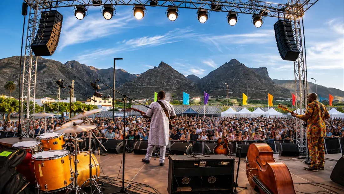 Musicians performing on outdoor stage with mountain backdrop and crowd