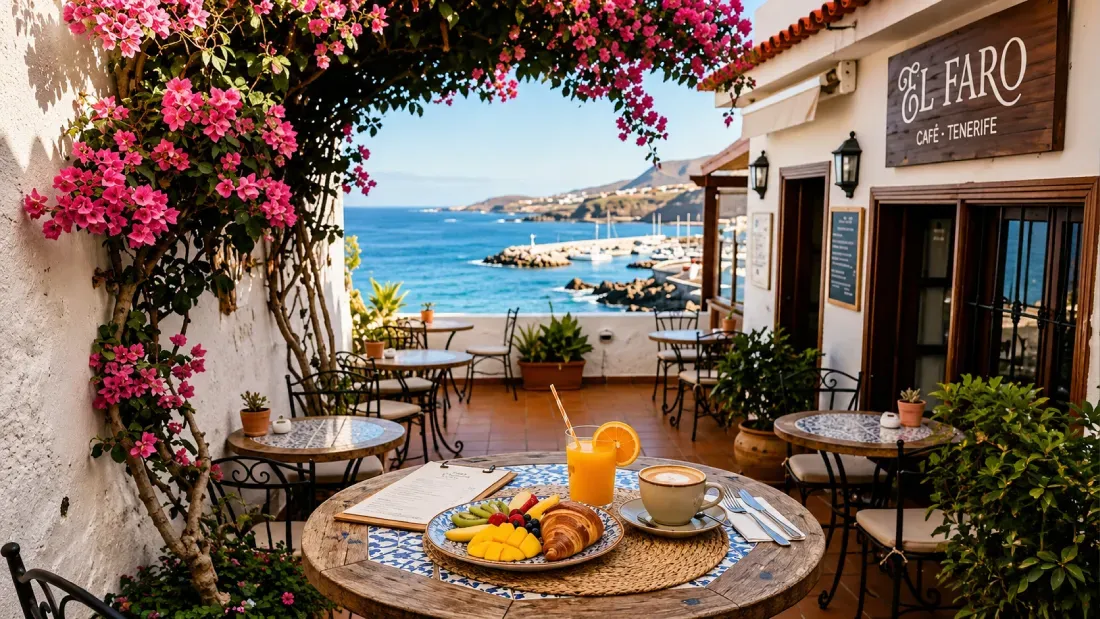 Seaside café terrace with breakfast, pink bougainvillea, ocean view