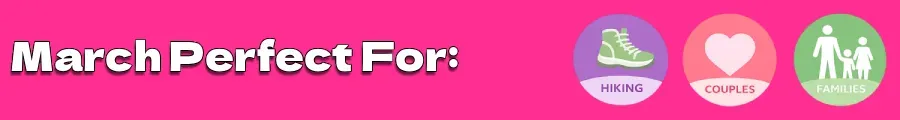 March activity guide showing hiking, couples, and families icons on pink background